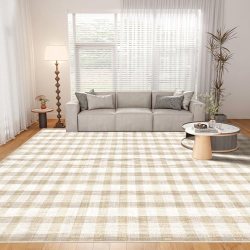Image of Checkered Area Rug, 9x12, Beige | Washable, Non Slip, Modern Neutral, For Living Room Bedroom Office Patio Dining Room