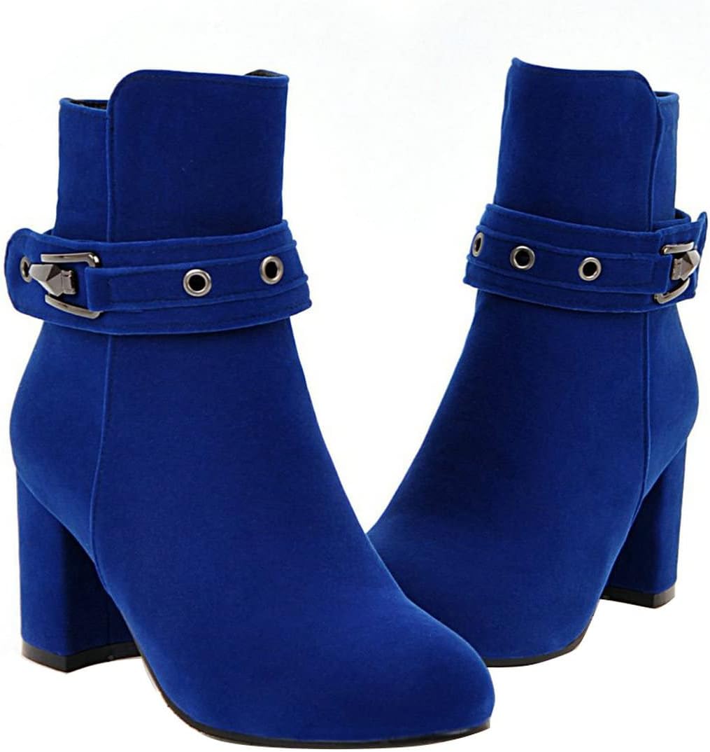 UniqueStride Womens Chunky Heels Ankle Boots Block High Heel Buckle Zipper Faux Suede Ankle Booties(royal blue,US size 4.5)