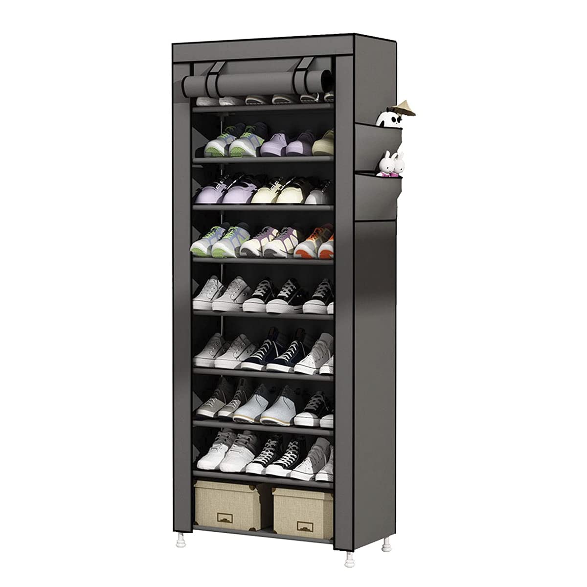 Raganet, Zapatera de 9 Niveles, Closet Plegable para Calzado y Prendas de Vestir, Estante Organizador Ajustable (Gris)