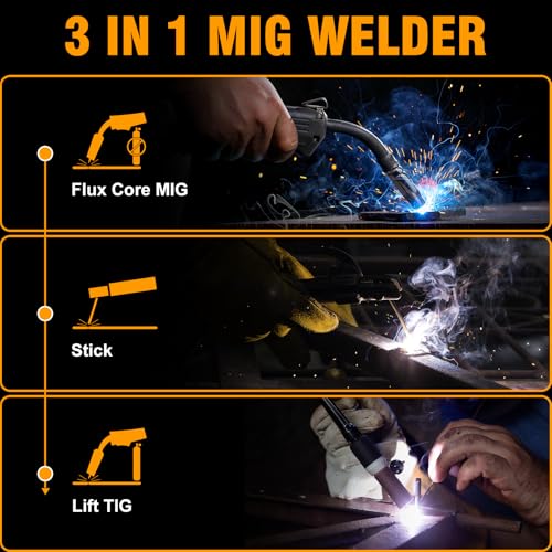 VIGRUE 140A MIG Welder, 110V IGBT Inverter Welder, Flux Core MIG/Lift TIG/Stick/MIG 3 in 1 Welding Machine with Synergic Control, LED Display & Full Kit (Welder Helmet, Gloves)