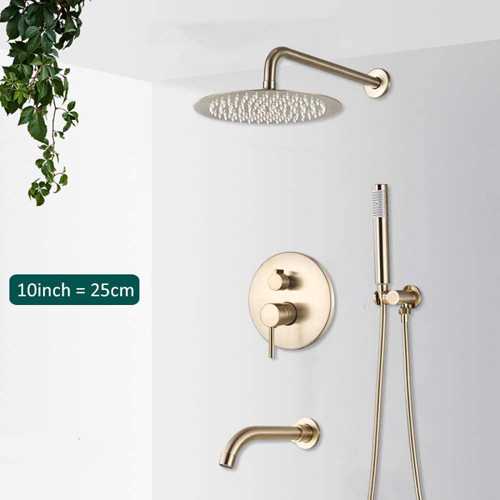 Sistema de Ducha con grifos de Ducha de Oro Cepillado, Sistema de Ducha de Lluvia, Grifo Mezclador Oculto de Agua fría y Caliente, Grifo de Ducha Redondo para baño, Giratorio de 3 vías y 10