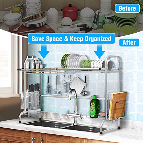Over The Sink Dish Drying Rack, KINGSO 2 Tier Dish Drainer Stainless Steel Kitchen Sink Drying Rack w/Utensil Holder 8 Hooks for Kitchen Counter Organization Storage Space Saver (Sink Size≤32.5 inch)