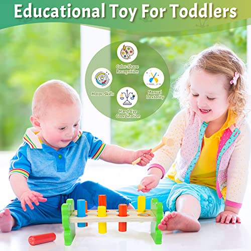 Amtreen Wooden Hammering Pounding Toy Montessori Early Developmental Toys for 1 2 3 Year Old Sensory Learning Toys with 2 Mallets & 8 Pegs Gift for Boys Girls