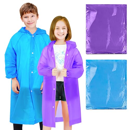 Image of BFONS Rain Ponchos for Kids, Reusable Raincoats for Boys Girls with Hood and Sleeves, Waterproof Rain Jackets for Travel Outdoor Blue+Purple