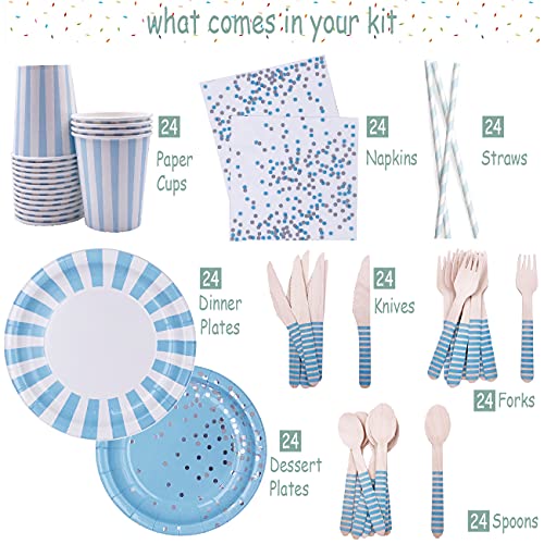Kawakarpo Blue Striped Birthday Party Supplies, Baby Shower Decorations Set, Paper Plates, Napkins, Cups And Wooden Cutlery (Serves 24, 208 Pieces), Mp03 #TOP2