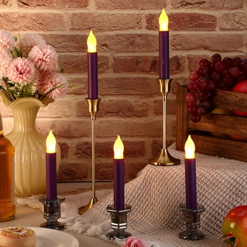 Image of Macarrie 60 Flickering LED Taper Candles, Purple Candle Yellow Light