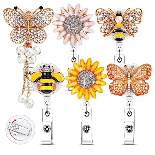 Chinco 6 Pack Retractable Badge Reel for Nurses Teachers, Rhinestone Bling ID Badge Holder with Clip, Cute Sunflower Butterfly Design, Nurse Accessories Gifts for Women