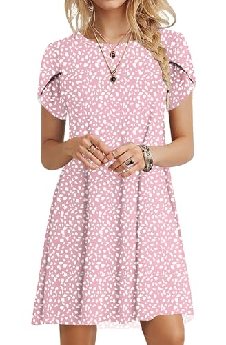 PLOKNRD Summer Dresses for Women UK Elegant Petal Short Sleeve T-Shirt Dress Crew Neck Casual Loose Swing Holiday Beach Dress with Pockets(Pink Spot,S)