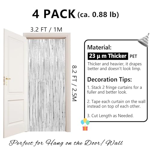 Image of Thicken Silver Streamers 4 Pack 13.2x8.2 FT, Silver Tinsel Backdrop Curtains, Foil Fringe Photo Backdrop for Birthday, Bachelorette, Prom, Engagement, Disco Party Decorations