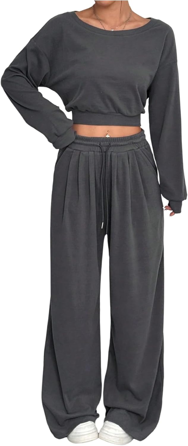 Verdusa Women's 2 Piece Tracksuit Off Shoulder Crop Tops and Wide Leg Pants with Pockets Airport Outfits