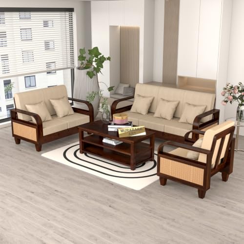 Image of Sheesham Wooden 6 Seater Sofa for Living Room | Solid Wood Sofa with Rattan Cane Side Rack | Rosewood Sofa Set for Home & Office | Lounge