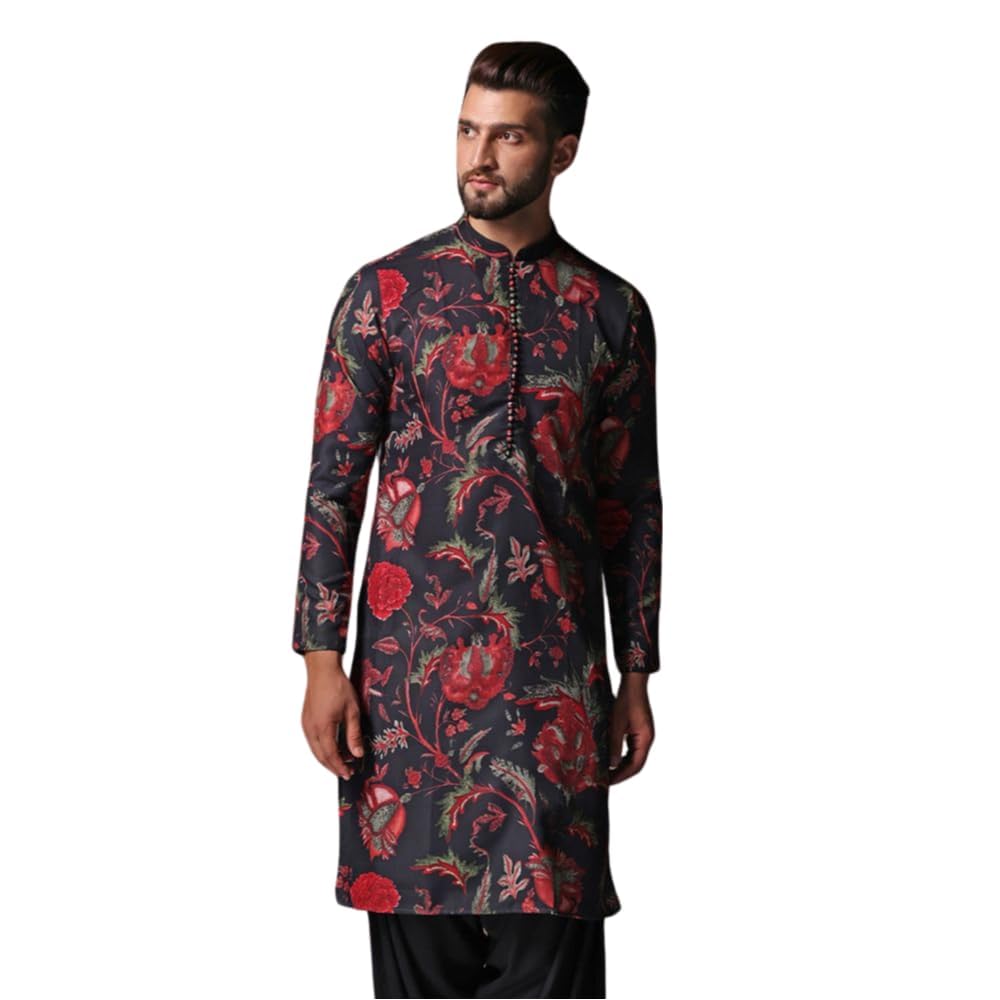 kisah Men's Black Jacquard Cotton Kurta- Regular Fit Long Tunic with Mandarin Collar|Ethnic Wear for Weddings & Festive Occasions-picture-30