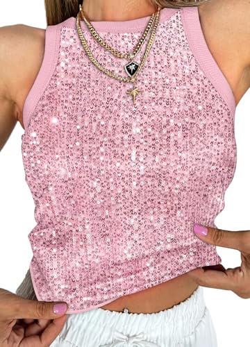 Testudineus Womens Sequin Crop Tank Tops Sleeveless Sparkly Crop Shirt Glitter Concert Disco Party Club Top Tee Pink