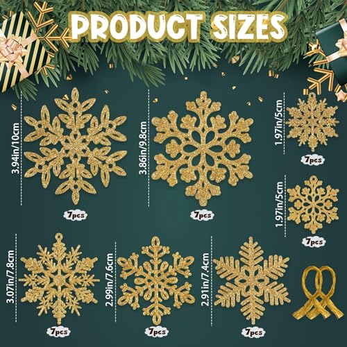 Image of 49pcs Christmas Party Decorations Snowflake Ornaments - Gold Glitter Snowflakes DIY Hanging Ornaments for Winter Christmas Tree Wall Ceiling Window Decor
