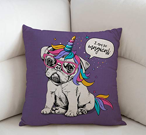 Swono SWONO-PILLOW-1344 Puppy Bulldog Unicorn Pattern Cotton Linen Throw Pillow Case,Funny French Bulldog I Am So Magical Quote Pillow Cushion Cover Home Sofa Decorative 18 X 18 Inch thumb #1