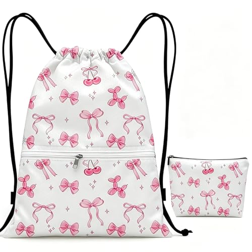 nnOuOnn Bow Waterproof Drawstring Swimming Bag for Kids Cute Bows Large Capacity Drawstring Combination Backpack Swim Gym PE Bag with Zipper for Women Girls School Travel (White)