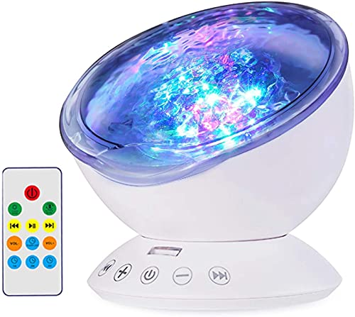 Image of Ocean Wave Projector, 12 LED Night Light Lamp with Adjustable Lightness Remote Control Timer 8 Lighting Modes Music Speaker Light Night Light for Baby Kids Adult Bedroom