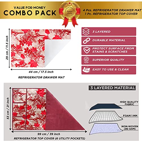 Image of Polyester 3-Layered Fridge Top Cover /Refrigerator Cover with Utility Pockets and Set of 4 Pc Fridge Mats (Color-Floral Red, Size-39x21 Inches)