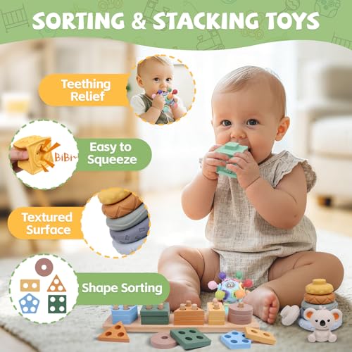 6-in-1 Montessori Baby Toys 0-6 6-12 Months, Infant Teething Toys Soft Stacking Blocks Rings Shape Sorter Sensory Fidget Spinners for Toddler 1-3, First Baby Gift Set for 6 Month Old Girl Boy - Image 5