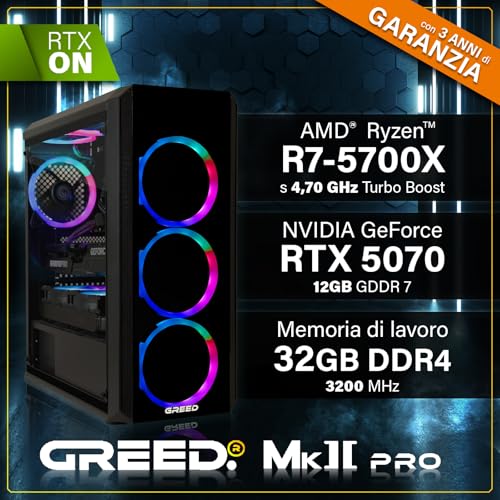 GREED® MK2 Pro - 4K High End Gaming PC – AMD Ryzen 7 5700X + Nvidia Geforce RTX 5070 – computer RGB veloce + desktop 4k con 4,6 GHz – 32GB DDR4 RAM – Raffreddamento ad acqua - 1TB SSD – WLAN + W11 Pro - PC Desktop - Immagine 2