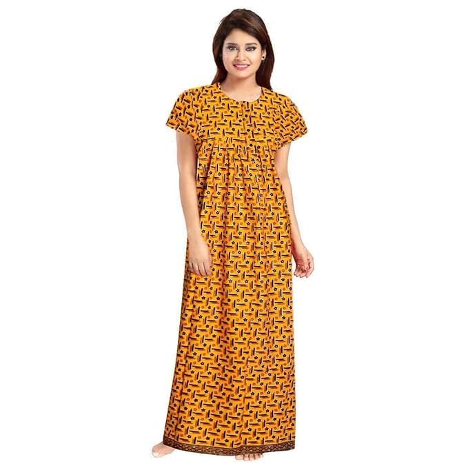Image of NILOUFO Women's Cotton Printed Maxi Nighty - Pack of 2 | Soft Ankle-Length Sleepwear Gowns for Women | Free Size Night Dresses (Red&Yellow, Free Size)