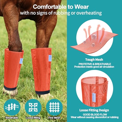 Image of Mesh Horse Fly Boots Set of 4, Loose Fitting Leggings for Horses, Reduce Stressful Stomping, Breathable Adjustable and Universal Fit for 4 Legs, Reliable Stay Put (Orange)