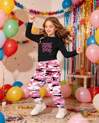 Image of Betusline Girls Fall Winter Clothing Sets, Long Sleeve Crop Top & Cargo Jogger Pants 2 Piece Outfit Sets,4T-14Y