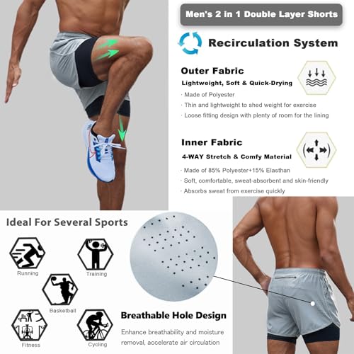 Smatstyle Pantalón Corto para Hombre Pantalones Cortos Deportivos para Correr 2 en 1 con Bolsillo, Running de Secado rápido Pantalones Cortos de Entrenamiento - imagen 4