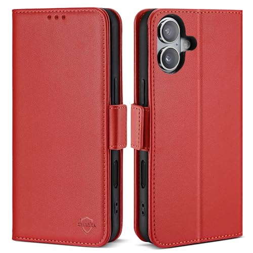 Étui portefeuille iPhone 16 Plus rouge antichoc avec blocage RFID et béquille