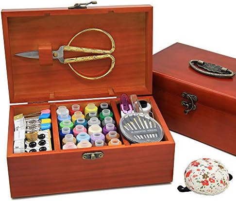 Wooden Sewing Basket with Accesssories Sewing kit Compartments, 8.5 x 5.3 x 3Inches