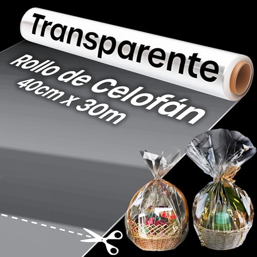 Papel Celofán Transparente - 40cm x 30m Rollo Papel Celofán para Cestas de Regalos y Envoltura (1 Rollo)