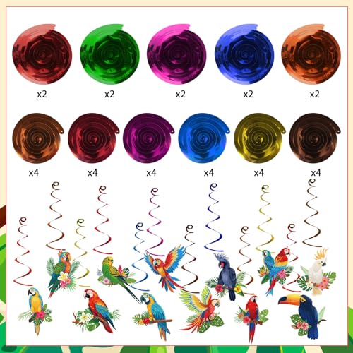 Image of 58Pcs Tropical Birds Decorations Tropical Hawaiian Decor Toucan Parrot Party Hanging Swirl Foil Ceiling Decor for Summer Luau Hawaiian Beach Pool Party Tiki Party Birthday Party Supply