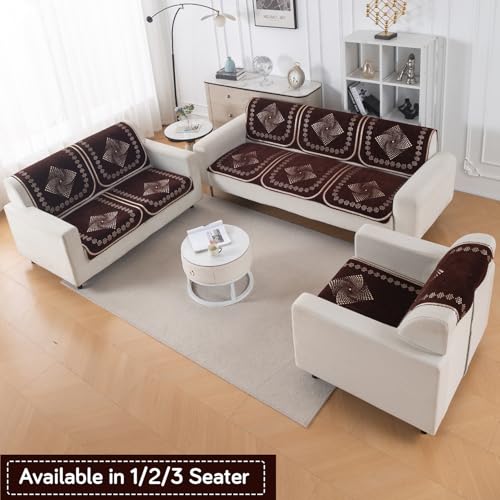 Image of HOKIPO Sheesh Brown Premium Chenille Jacquard Sofa Cover for 3 Seater for Seat & Back, 'Royal Aangan Series' (IN-1008-L5*2)
