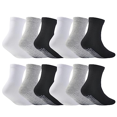 EPEIUS Baby Anti Slip Crew Socks 12 Pack with Grips for Toddlers Little Boys Girls Infants Kids Non Skid Value Pack,6-12 Months Black/White/Grey