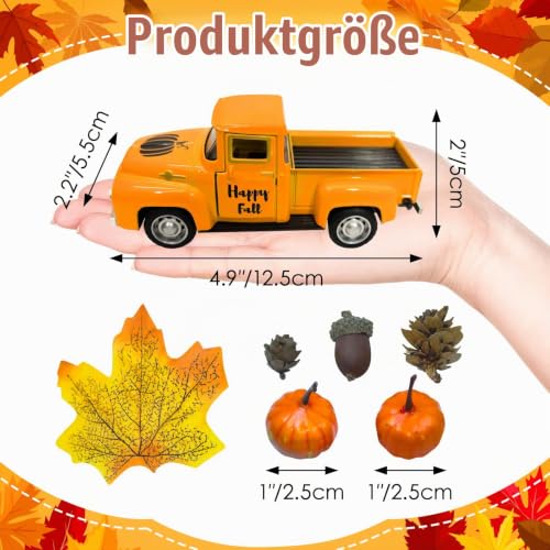 Herbst Thanksgiving Deko, Vintage Metall Truck mit Künstlichen Tannenzapfen, Kastanien, Ahornblatt, Kürbis für Herbst und Winter, Erntedankfest Deko für Küche Party Streudeko Weihnachten Tischdeko – Bild 2