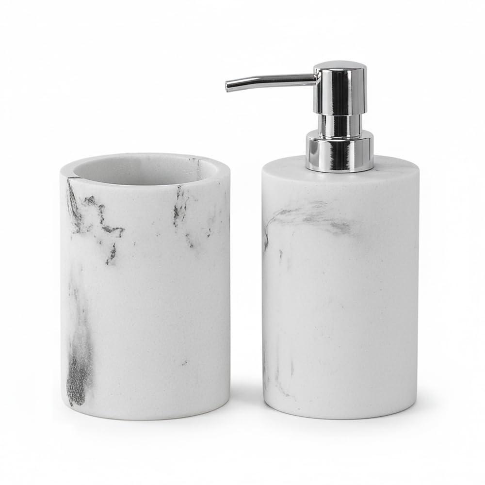 Set Accessori Bagno 2 Pezzi Linea Ivy Dispenser Sapone E Portaspazzolino Finitura Effetto Marmo Bianco In Resina Durevole Da Appoggio
