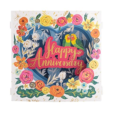 HOMANGA Floral Happy Anniversary Greeting Card, 3D Lovebirds Anniversary Card, Flower Box Pop Up Card, Displayable Gift for Wife, Mom, Girlfriend with Blank Note and Envelope, 6" x 6" Cover