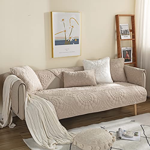 Vctops Boho Circle Embroidery Couch Sofa Cover Solid Color Cotton Quilted Non-Slip Sectional Couch Covers Sofa Slipcover For Dogs, Children, Pets Furniture Protector (Khaki,36"X70") #TOP2