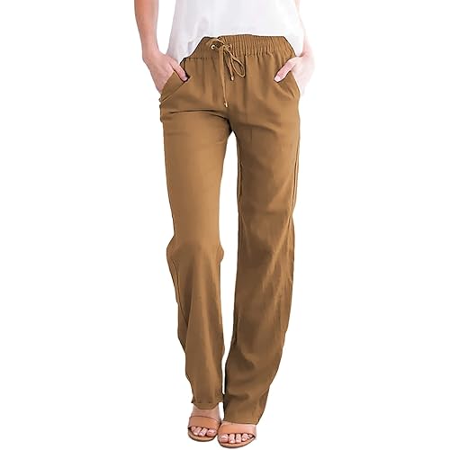Acelitt Womens Casual Pants Straight Leg Drawstring Elastic High Waist Loose Comfy Trousers with Pockets