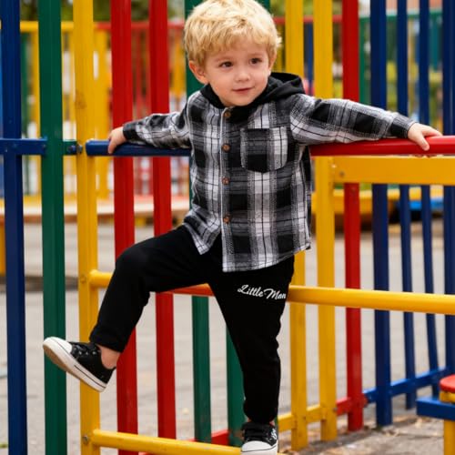 Image of OLMRJKD Toddler Baby Boy Clothes Plaid Long Sleeve Hoodie Sweatshirt + Pants 2pcs Boys Outfit Set