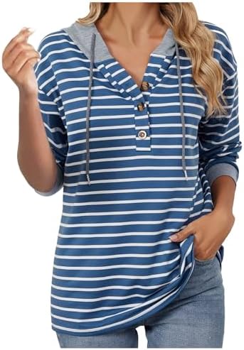 Womens Striped Sweatshirt Top Oversized Long Sleeve Drawstring Buttons Neck Loose Casual Pullover 2024 Fall Clothes