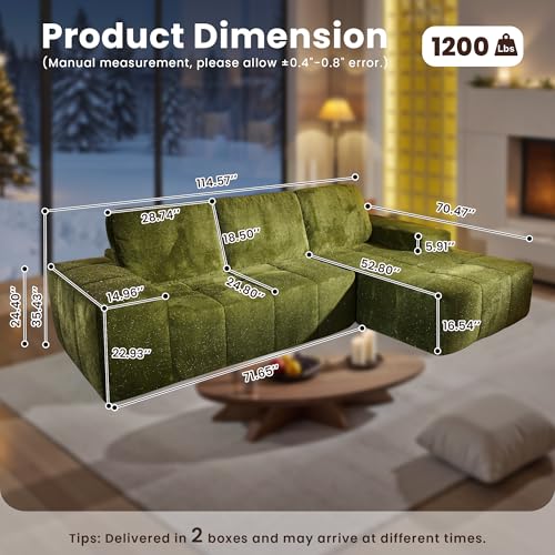 Image of 114 inch Glitter Cloud Sectional Couch with L-Shape Chaise, Modern Boneless Couches for Living Room, Fluffy Tufted Deep Seat Modular Sofa in a Box No Assembly