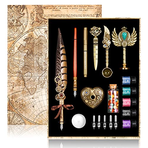 NC Quill Pen Ink Set, Feather Pen Ink Set Includes Quill Pen, Wooden Pen, 5 Replaceable Nibs, 5 of Ink, Seal, Spoon, Wax Beads, White Wax, Pen Holder,Envelope and Letter Paper Etc Christmas Art Gifts.