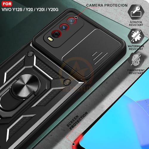 Image of Armor Bumper Back Cover Case for Vivo Y12s / Y20 / Y20i / Y20G | Rotating Camera Cover, Ring Holder & Kickstand | Heavy Duty & 360 Degree Protection Back Cover (Black)