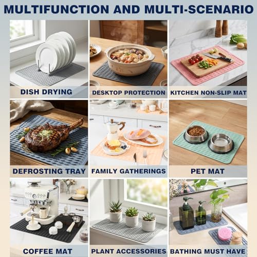 Image of 2 Pack Caketime Silicone Dish Drying Mat for Kitchen Counter Multiple Usage for Baking Cooking Grilling Under Sink Office Coffee Accessories Apartment Appliances Pioneer Woman Stuff 12 inchx12 inch Blue