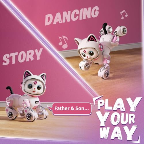Image of RC Robot Cat Toy with LED Lights - Interactive Walking Singing Dancing Kitty | 2.4GHz RC Astronaut Cat for Kids 3+ Years | Smart Pet Robot with Music & Gesture Control (Pink /White)