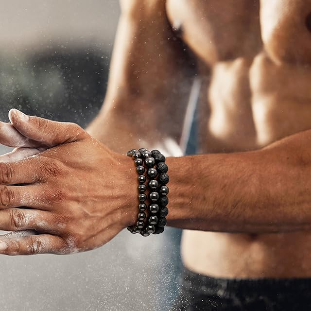 Miniatura 2 de HOBT Pulsera para hombre, pulsera elástica de ojo de tigre, pulsera de roca de lava negra, joyería para hombre, pulseras de cuentas de piedra