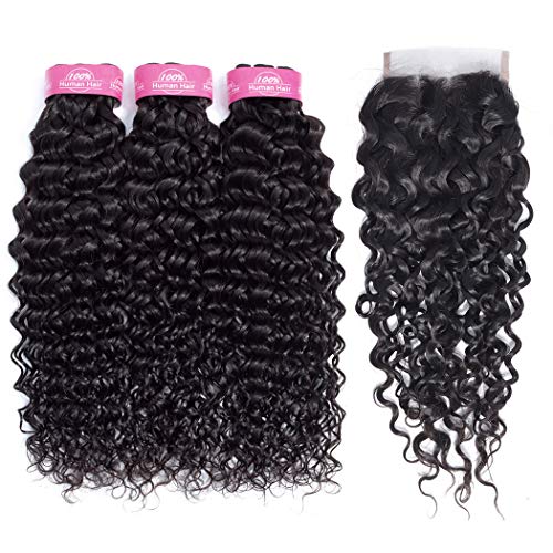 Odir Brazilian Water Wave Bundles with Closure (26 28 30 + 20 inch) Wet and Wavy Human Hair Bundles with Closure Free Part 9A Ocean Wave Human Hair Weave Natural Color