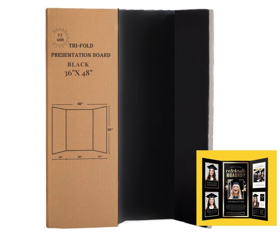 PJ Goods 10 Pcs Folding Black TriFold Poster Board for Science Fair Displays, School Projects, Business Displays, 4H, Sports, Graduation/Senior Night, 91x121cm (36" x 48) Lightweight, Foldable