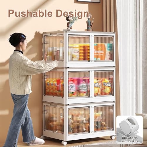 Image of EXVITO 1 Tier Foldable Wardrobe for Bedroom Clothes Storage Cabinet | Collapsible Plastic Almirah Organizer with Magnetic Doors & Wheels | Stackable Cupboard for Clothes Storage - Cream